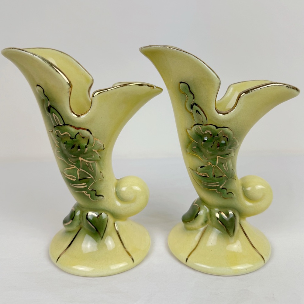 Yellow Floral Cornucopia Vases- Set of Two